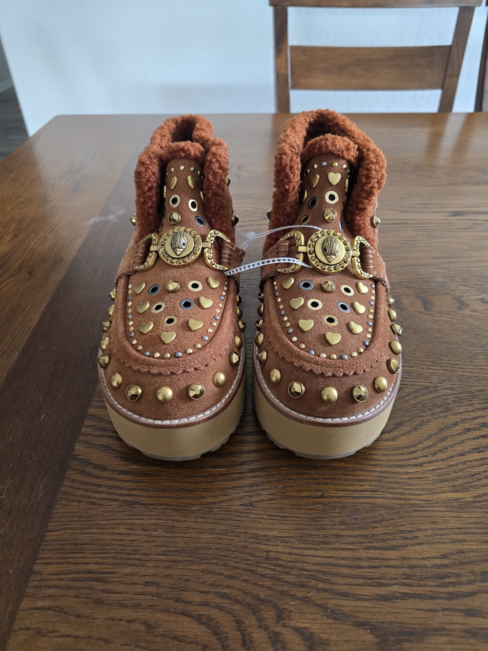 Kurt Geiger Rust Brown Studded Shearling Platform Ankle Booties